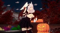 3d 3d_(artwork) black_dress blue_eyes breasts candles candy demon_wings dress exposed_breasts female female_only fishnets fondling_breast fondling_self halloween halloween_costume hand_on_breast head_wings jack-o'-lantern long_hair looking_at_viewer melia_antiqua nipples purple_moon royalty seductive silver_hair smiling solo solo_female thighhighs wings xenoblade_(series) xenoblade_chronicles_3