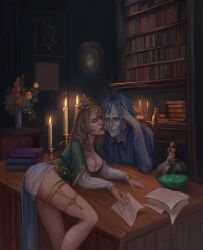 1boy 1girls artist_request assertive_female bare_legs bent_over bent_over_table biting blonde_hair blue_hair book candle candlelight cleavage dottore_(genshin_impact) female genshin_impact green_eyes hoyoverse kiss_mark leg_accessory lipstick lipstick_mark lipstick_mark_on_face lisa_(a_sobriquet_under_shade)_(genshin_impact) lisa_(genshin_impact) male male/female office potion red_eyes red_lipstick seductive seductive_look straight