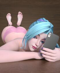 1girls 3d ass ass_up big_butt blue_eyes feet feet_up female female_only foot_fetish laying_down laying_on_ground league_of_legends light-skinned_female looking_at_viewer nail_polish panties pink_panties seraphine_(league_of_legends) shaohuu soles solo taking_picture toes