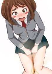 blush blush_stickers boku_(d4jim2) boku_no_hero_academia breasts brown_eyes brown_hair dutch_angle embarrassed female female_focus green_skirt grey_jacket jacket long_sleeves looking_at_viewer matching_hair/eyes medium_breasts miniskirt my_hero_academia necktie nose_blush ochako_uraraka open_mouth peeing peeing_self pleated_skirt red_necktie school_uniform shirt short_hair simple_background skirt skirt_tug solo standing steam sweat tears uraraka_ochako wet wet_clothes white_background white_shirt