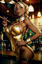 ai_generated ai_hands alcohol_bottles bar black_pantyhose blue_eyes bowtie braided_ponytail bunny_ears bunny_girl bunnygirl bunnysuit counter cuff_links cuffs_(clothing) dark_skin detached_collar drink_mixer earring fastener garter_band gold_bunny_(floppyudon95) gold_bunnysuit gold_leotard holding_pipe inquisitive mature mature_female open_mouth original playboy_bunny raised_eyebrows red_lipstick shirt_collar smoking_pipe standing strapless_leotard teeth teeth_showing teeth_visible yellow_bowtie