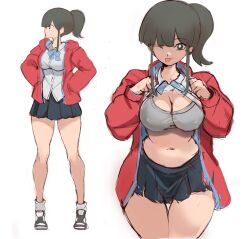 1girls big_breasts black_hair bra breasts female female_only girlfriend_(japanese_mcdonald's_commercial) human jacket lifting_shirt looking_at_viewer mcdonald's ponytail rakeemspoon shirt silly silly_face skirt solo tagme thick_thighs thighs yoru_mac