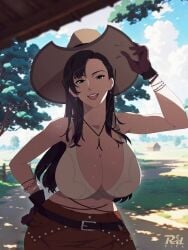 1girls belt black_gloves black_hair cowboy_hat cowgirl cowgirl_outfit female_only final_fantasy final_fantasy_vii final_fantasy_vii_remake gloves long_hair outdoors r3dfive red_lipstick smile smiling smiling_at_viewer sweat sweating sweaty sweaty_body tifa_lockhart