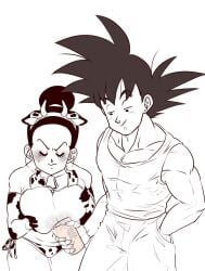 1boy 1girls black_and_white blush breasts chichi cow_girl dragon_ball dragon_ball_super dragon_ball_z eyes_closed funsexydragonball large_breasts milk milking milkshake monochrome muscular_male nipples self_milking son_goku sweatdrop thighs