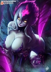 big_breasts detailed_background evelynn evil_smile gdecy huge_breasts league_of_legends on_ground pink_hair seductive seductive_eyes seductive_look seductive_pose seductive_smile smile succubus tagme thick_thighs white_body white_hair yellow_eyes