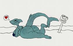 beach bottomless bra coryhen_(artist) fish freckles freckles_on_ass freckles_on_face furry gills heart_emoji laying_down old_art self_upload shark shark_fin shark_girl shark_tail smug smug_grin solo warning_sign