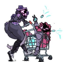 2girls ass bow butt cart chug_jug fortnite motion_lines raven_team_leader raven_team_leader_(cuddly) raven_team_leader_(fortnite) shield_potion shopping_cart tagme wheels