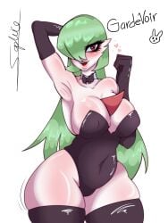 armpits big_ass big_breasts big_butt big_thighs bunnysuit gardevoir gloves green_hair hair_over_one_eye jiggling_ass leotard long_hair looking_at_viewer necklace pokemon pokemon_(species) red_eyes seductive seductive_look sophie_queen11 stockings thick_thighs