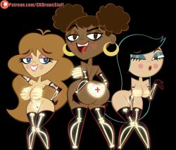 3girls ass bedroom_eyes big_ass big_breasts black_hair blue_eyes breasts brown_eyes brown_hair clevage codykins123 dark_skin earrings el_tigre gloves hair huge_ass large_ass leggings long_hair multiple_girls pale_skin winking winking_at_viewer