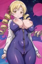 ai_generated big_breasts bodysuit breasts breasts_out drill_hair exposed_breasts female female_focus female_only huge_breasts looking_down looking_down_at_breasts madoka_worship magical_girl mahou_shoujo_madoka_magica oversized_breasts puella_magi_madoka_magica solo solo_female solo_focus thick tight tight_bodysuit tight_clothing tomoe_mami twin_drills twintails yellow_eyes yellow_hair