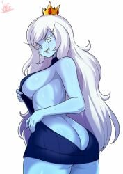 1girls adventure_time ass ass_cleavage big_ass big_butt blue_body blue_skin female female_only ice_queen_(adventure_time) jmg looking_at_viewer looking_back sharp_teeth sideboob solo solo_female solo_focus thick_thighs thighs virgin_killer_sweater white_hair wide_hips