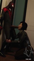 1boy 1girls 3d 3d_(artwork) asian_female black_hair blowjob blowjob_face dark-skinned_male dark_skin female hero_costume huge_cock human human_only imminent_sex interracial looking_at_another male male/female marvel massive_penis miles_morales oral_sex preparation sfm_hood spider-man:_miles_morales_(ps5) spider-man_(ps4) spider-man_(series) straight superhero yuriko_watanabe