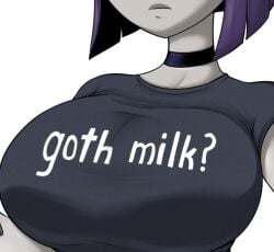 1girls big_breasts choker dc dc_comics female female_focus female_only got_milk goth goth_girl grey_body grey_skin large_breasts meme purple_hair rachel_roth raven_(dc) teen_titans teenagebratwurst text text_on_clothing text_on_shirt