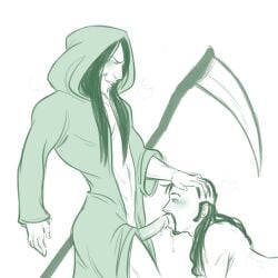 2boys balding delectable-dildo dethklok dreadlocks feminine grim_reaper_(cosplay) long_hair metalocalypse pickles_the_drummer robe robe_only scythe sketch sucking_penis tagme toki_wartooth yaoi