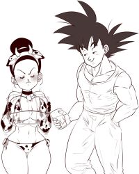 1boy 1girls black_and_white blush breasts chichi cow_ears_headband cow_girl cow_print cow_print_bikini dragon_ball dragon_ball_super dragon_ball_z funsexydragonball large_breasts milkshake monochrome shaking_breasts smug_face son_goku thick_thighs thighs