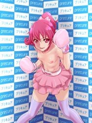 1girls aida_mana bow boxing boxing_gloves boxing_skirt boxing_stance breasts clothing dokidoki!_precure female female_only fighting_stance flat_chest frilled_skirt gloves light-skinned_female light_pink_boxing_gloves light_pink_gloves light_skin looking_at_viewer nipples pink_boxing_gloves pink_eyes pink_gloves pink_hair ponytail pre-trainer precure pretty_cure skirt small_breasts solo stockings topless