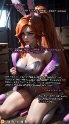 ai_generated anima_squad_series battle_bunny_miss_fortune battle_bunny_series begging bodysuit bunny_ears bunnysuit dialogue english_text kidnapped large_breasts league_of_legends miss_fortune orange_hair ponytail sarah_fortune stuck tam_south text thick_thighs thighhighs underwear