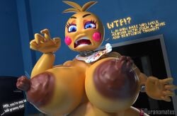 3d 3d_(artwork) animatronic areolae big_areola big_breasts big_nipples big_penis_humiliation breasts cock_shock dialogue duo duranomates english_text erect_nipples female female_focus female_only five_nights_at_freddy's huge_breasts imminent_sex mostly_nude nude penis_awe robot robot_girl shocked shocked_expression text toy_chica_(fnaf) uncensored