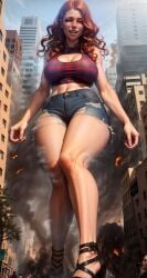 1girls ai_generated big_breasts breasts crush destruction female female_focus female_only giantess jean_shorts light-skinned_female light_skin looking_at_viewer looking_down looking_down_at_viewer midriff navel red_hair red_hair red_hair_female redfired0g shorts smile smiling smiling_at_viewer smoke solo solo_female solo_focus thick_thighs thighs