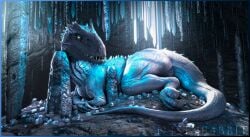 2021 3d_(artwork) cave dinosaur indominus_rex jurassic_park jurassic_world looking_at_viewer lying_down lying_on_side n4styr4bbit scalie sharp_claws sharp_teeth tagme tail watermark