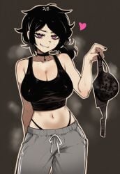 1girls ai_generated ashley_graves big_breasts black_choker black_hair breasts choker clothes_lift female female_focus female_only heart large_breasts pink_eyes smile smiling sweat sweating sweaty_body the_coffin_of_andy_and_leyley