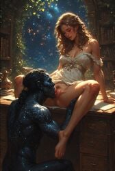 ai_generated alien black_body dripping_pussy eating_pussy legs_apart legs_spread licking_pussy male/female monster monster_boy weeping_nightshade