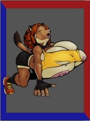 2025 5_fingers abstract_background all_fours anthro athletic_wear big_breasts big_nipples bottomwear bra breast_expansion breast_growth breasts breasts_on_ground clothing collar dipstick_tail ear_piercing expansion exposed_breasts facial_piercing female fingers footwear gloves growth gym_bottomwear gym_shorts half-closed_eyes handwear hi_res huge_breasts kansyr lip_piercing looking_pleasured mammal markings moan multicolored_body mustelid musteline narrowed_eyes nipples overflow pawpads piercing pink_nipples pink_nose shoes shorts sneakers solo sports_bra stoat tail tail_markings toned_female true_musteline two_tone_body underwear wardrobe_malfunction weasel wendy_fortier_(clasher) yellow_eyes