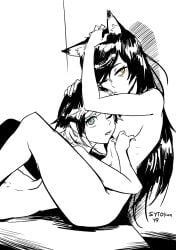 2019 2girls animal_ears blake_belladonna breasts cat_ears catgirl convenient_censoring digital_drawing_(artwork) faunus female_focus female_only fully_nude hand_on_head kemonomimi long_hair medium_breasts monochrome on_bed on_top_of_another one_eye_closed one_eye_open ruby_rose rwby short_hair silver_eyes sketch source sytokun tagme tasteful_nudity thighs toned toned_female toned_stomach yellow_eyes yuri