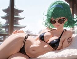 ai_generated architecture bikini black_bikini breasts cleavage curly_hair earrings east_asian_architecture female green_eyes green_hair hairband jewelry looking_at_viewer lying navel on_side one-punch_man short_hair side-tie_bikini_bottom smile solo string_bikini sunglasses swimsuit tatsumaki tattoo