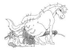 anal anal_sex animal_genitalia animal_penis anthro anthro_on_feral anthro_penetrating anthro_penetrating_feral balls big_balls big_penis bodily_fluids cum cum_in_ass cum_inside denim_(artist) duo equid equine equine_genitalia equine_penis erection feral feral_penetrated flared_penis genital_fluids genitals hi_res horn horse huge_balls huge_cock interspecies male male/male male_penetrated male_penetrating male_penetrating_male mammal mane medial_ring monochrome overweight overweight_anthro overweight_male penetration penile penile_penetration penis penis_in_ass sex tail zoophilia