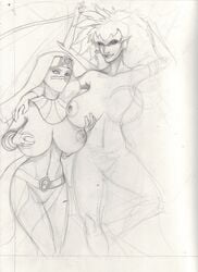 crossover demona disney duck_dodgers gargoyles martian_(duck_dodgers) monochrome nipples queen_tyr'ahnee rough_sketch vp