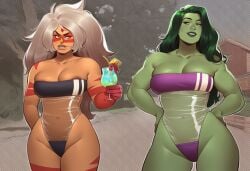 2girls ai_generated alien alien_girl alien_humanoid ass big_ass big_breasts big_thighs breasts cartoon_network crossover curvaceous curvy curvy_figure digital_media_(artwork) female firm_ass gem_(species) giantess green-skinned_female green_body green_hair green_skin hips hourglass_figure huge_ass huge_breasts huge_thighs hulk_(series) humanoid jasper_(steven_universe) jennifer_walters large_ass large_breasts large_female large_thighs legs macro macro_female marvel marvel_comics mature mature_female mini_giantess phophopho round_ass she-hulk slim_waist steven_universe tall tall_female thick thick_ass thick_hips thick_legs thick_thighs thighs voluptuous waist wide_hips wide_thighs
