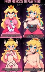 2d ai_assisted ai_generated angry big_ass blonde_hair blue_eyes bra caption chains choker corrupted corruption crown dress female female_focus female_only horns horny light-skinned_female lingerie mario_(series) panties perky_breasts pink_nipples princess_peach shy small_breasts solo solo_focus ultimate_waifu_project wide_hips