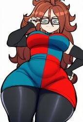 adjusting_glasses ai_generated android_21 android_21_(human) blackwhiplash_(imitation) brown_hair dragon_ball_super front_view glasses grin looking_down_at_viewer multicolored_dress novelai thick_thighs wide_hips
