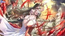 absurdly_long_hair azur_lane bangs bare_shoulders between_breasts black_hair breasts cleavage cloud cloudy_sky curvy dress female francesco_caracciolo_(azur_lane) horns huge_breasts large_breasts light_rays long_hair navel official_art red_eyes revealing_clothes ruins sky solo sunlight thighs very_long_hair wide_hips