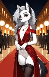 1girls 2026 ai_generated anthro bare_shoulders bracelet canine choker crowd dress dress_lift ear_piercing eyebrow_piercing eyeliner eyeshadow fancy_clothing female female_only flat_chest grey_eyes grey_fur grey_hair half-closed_eyes hellhound helluva_boss hi_res inner_ear_fluff innie_pussy jewelry long_hair loona_(helluva_boss) necklace night pussy red_carpet silver_eyes silver_hair thighhighs walking white_fur zonoya_(artist)