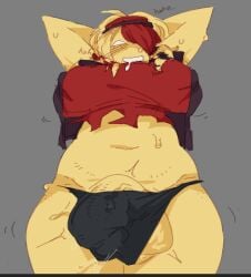 arms_behind_head arms_up balls big_breasts blush blushing_at_viewer bulge bulge_through_clothing bulge_under_clothes chubby chubby_female chubby_futa crop_top cropped_jacket drool drooling elliot_(forsaken) elliot_(work_at_a_pizza_place) forsaken_(roblox) futanari laughing penis raccoon_hair_ornament red_hat roblox roblox_game robloxian scene_hair scenecore scenecore_elliot sweat sweaty sweaty_body sweaty_female thick_thighs thong toastingfishies trans_woman transfem visor_cap white_eyes work_at_a_pizza_place yellow_hair yellow_skin zavie_(forsaken)