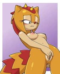 anal anal_fingering anal_masturbation anthro anus areola blush breasts classic_sonic_(universe) digital_media_(artwork) eyelashes female finger_fuck fingering fingering_self genitals girdled_lizard half-closed_eyes hi_res lizard mammal masturbation narrowed_eyes navel nipples nude orange_body reptile scalie sega simple_background solo sonic_(series) sonic_superstars sonic_the_hedgehog_(series) sonicguru spikes standing standing_masturbation sungazer_(lizard) tail trip_the_sungazer vaginal_masturbation vaginal_penetration vulva