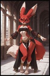 ai_assisted animal animal_ear_fluff animal_ears animal_humanoid ankle_cuffs bare_legs bare_midriff bare_shoulders bare_thighs belt black_dress bracelets carbuncle chest_tuft collar czero2011 dancer dancer_outfit dancing dancing_costume detached_sleeves detailed_fur digital_media_(artwork) earrings embroidery facial_markings facial_tuft fluffy fluffy_ears fluffy_fur fluffy_tail forhead_gem fox_ears fox_tail furry furry_futa gold_(metal) gold_jewelry hip_dips intersex long_ears long_skirt long_sleeves long_tail medium_breasts monster_girl mythological_creature mythology necklace nipple_outline nipple_piercing original_character outdoors paws pelvic_curtain penis_outline piercings pillars pubic_tuft red_eyes red_fur ring ruby_(gem) solo split_skirt standing stone_floor stone_wall tassel tassel_earrings temple testicle_peek thick_thighs thin_waist toned_futa translucent_clothing tube_top tubetop white_fur wide_hips