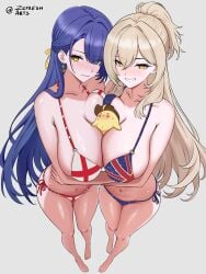 2girls arms_under_breasts azur_lane bangs barefoot between_breasts bikini blonde_hair blue_hair blush breast_press breasts cleavage collarbone earrings flag_print grey_background grin hair_over_one_eye hoop_earrings huge_breasts jewelry large_breasts lion_(azur_lane) long_hair looking_at_viewer mole multiple_girls navel o-ring_bikini ponytail side-tie_bikini simple_background skeb_commission smile standing string_bikini swimsuit symmetrical_docking trafalgar_(azur_lane) twitter_username yellow_eyes