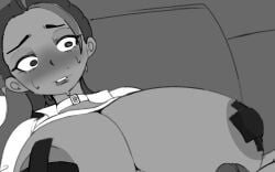 choker cross_pasties dark-skinned_female fladdykin full_version_at_source monochrome nemona_(pokemon) pasties pokemon pokemon_sv sweat unfinished wip work_in_progress