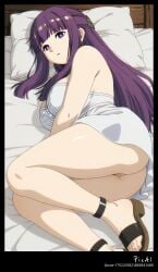 1girl, 4k 8k ai_generated anime ass bangs, bed, blunt body, breasts bright content, cute, dress, explicit eyes, feet, female, fern_(sousou_no_frieren) hair, half high large legs, long lying, masterpiece, mature mini nsfw, on outfit, perfect polished, pupils, purple quality, resolution, sandals, screencap, sexy side, sidelocks, solo, sousou_no_frieren summer thighs, toenails top, updo, view,