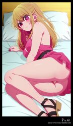 1girl, 4k 8k ai_generated anime ass bangs, bed, blonde_hair body body, breasts, content evening explicit eyes, feets, female, full hair, high, hoshino_ruby legs, long lying, masterpiece, mature medium multicolored nsfw, on oshi_no_ko oshi_no_ko_style,ruby outfit, perfect pink polished, pupils, quality, resolution, ruby, sandals, screencap sexy side, sidelocks, solo, summer symbol-shaped toenails top, two-tone view,