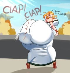 ass_bigger_than_head ass_focus clapping_cheeks dialogue dress form_fitting highres huge_ass looking_back looking_pleasured onomatopoeia panchito1234nos princess_zelda twerking white_dress