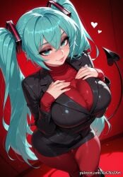2026 ai_generated animal_tail anime aqua_eyes aqua_hair bangs black_jacket black_skirt breasts cleavage crossover demon_girl demon_tail eye_contact female female_focus female_only formal from_above hair_between_eyes hands_on_own_chest hatsune_miku heart heart-shaped_pupils highres huge_breasts jacket large_breasts long_hair long_sleeves looking_at_viewer miniskirt nsfw pantyhose patreon patreon_username pencil_skirt red_background red_pantyhose red_sweater ribbed_sweater rognezart skirt smile smiling solo stockings suit sweater symbol-shaped_pupils tail turtleneck turtleneck_sweater twintails very_long_hair vocaloid
