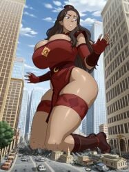 1girls ai_generated avatar_the_last_airbender big_breasts breasts city clothed clothed_female dark-skinned_female dark_skin female female_focus female_only fire_nation fire_nation_clothing giantess giga_giantess katara large_boobs large_breasts memesrus1234 nickelodeon nicktoons solo solo_female solo_focus thick_thighs thighs