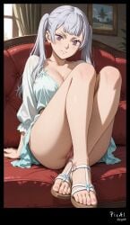 1girls 4k 8k ai_generated bad_tag bangs bent black_clover couch detailed female female_only noelle_silva sandals solo