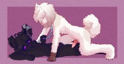 1boy1girl 1girl1boy anthro anthro_on_anthro black_fur canid canine canine_genitalia canine_penis chain_leash collar curled_tail danganronpa danganronpa_(series) danganronpa_2:_goodbye_despair danganronpa_ultra_despair_girls female/male floppy_ears furry furry_female furry_male furry_only fursona holding_leash knotted_penis komaeda_nagito leash male male/female nagito_komaeda not_ai_generated oc oc_x_canon on_top original_character pawpads paws penis purple_nipples self_harm_scars selfship servant_(danganronpa) simple_background straight yumeship yumeshipping