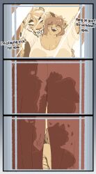 absurd_res against_surface anthro belly big_breasts breasts breasts_on_glass canid canine clothing comic curtains duo english_text felid female genitals gunnar_novak_(kyoriichi) hi_res male male/female mammal markings miho_ueda_(susieruu) muscular muscular_male on_glass penile_spines penis prehistoric_species raccoon_dog saber-toothed_tiger sex silhouette slightly_chubby slightly_chubby_female standing standing_sex striped_markings stripes susieruu tanuki text undressing window