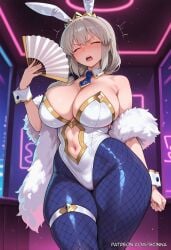 ai_generated animal_ears bangs bare_shoulders blue_legwear blue_neckwear blush breasts bunny_ears bunnysuit card cleavage curvaceous curvaceous_body curvy curvy_body curvy_female detached_collar fake_animal_ears feather_boa female fishnet_legwear fishnets highleg highleg_leotard huge_breasts large_breasts leotard long_hair navel navel_cutout open_mouth pantyhose scinna self_upload solo stable_diffusion strapless thigh_strap thighs tiara uzaki-chan_wa_asobitai! uzaki_tsuki voluptuous voluptuous_body voluptuous_female white_leotard wrist_cuffs
